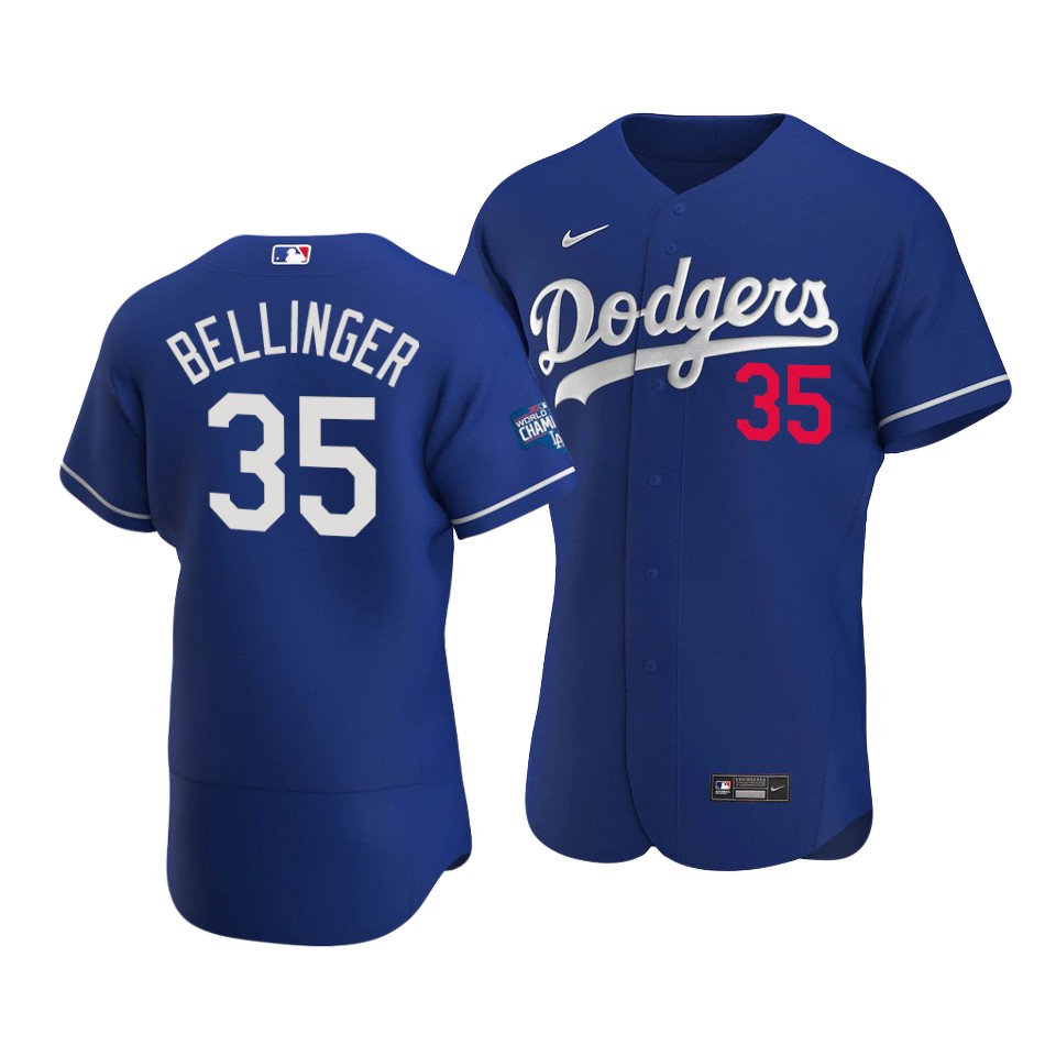 Men's Los Angeles Dodgers #35 Cody Bellinger 2020 Royal World Series Champions Patch Flex Base Sttiched Jersey